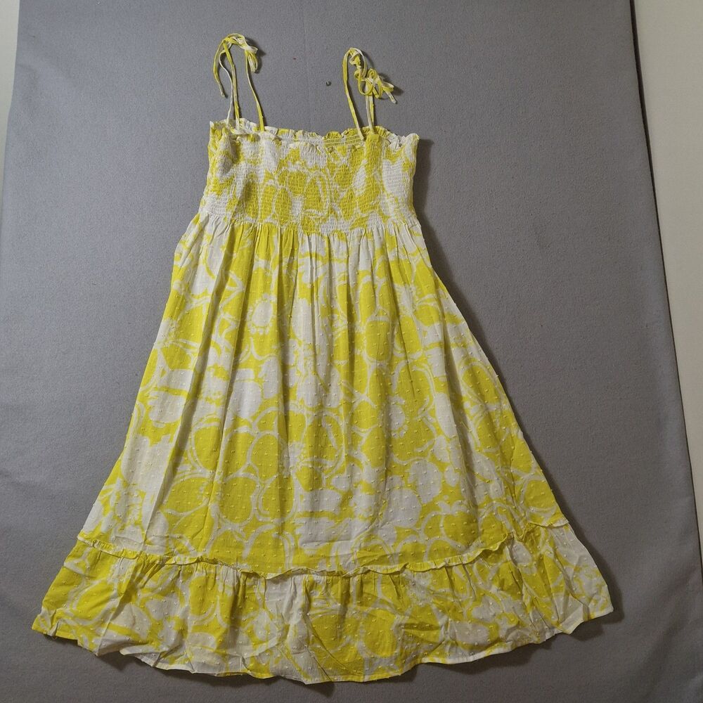 J.Crew Factory Smocked Sundress XL Yellow Floral Midi Shoulder Tie 9422 Vintage